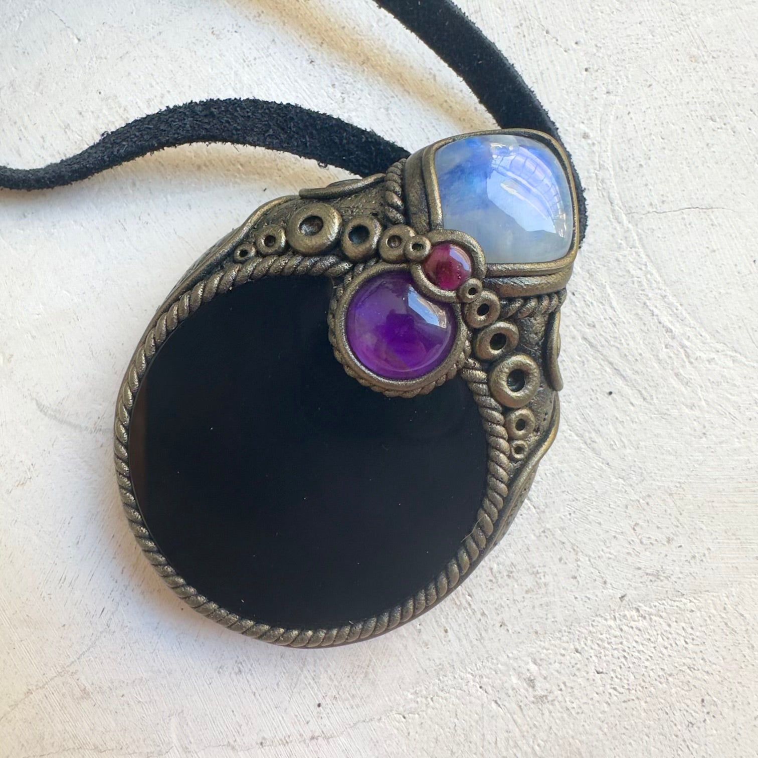One of a kind healing crystal necklace with Rainbow Moonstone and Garnet