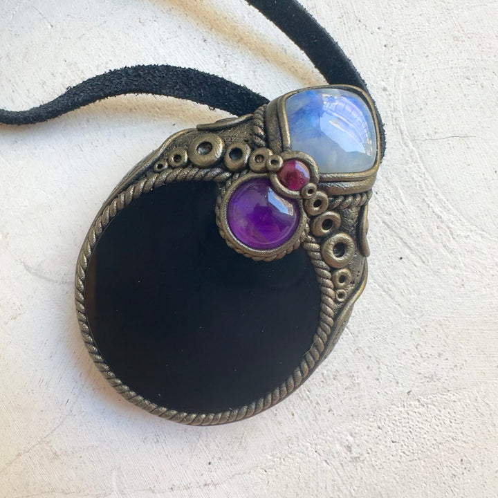 One of a kind healing crystal necklace with Rainbow Moonstone and Garnet