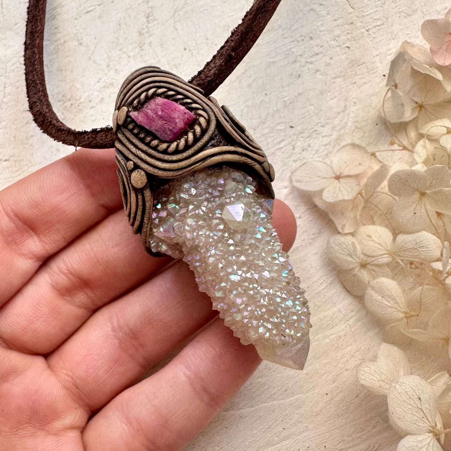 Angel Aura Spirit Quartz and Ruby Pendant Necklace - FairyGardenGlow