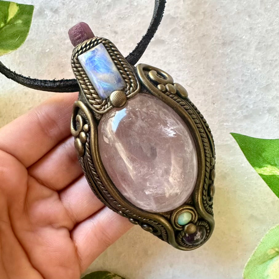 Rose Quartz Amethyst Rainbow Moonstone Ruby and Australian Opal Pendant, Healing Crystal Talisman - FairyGardenGlow