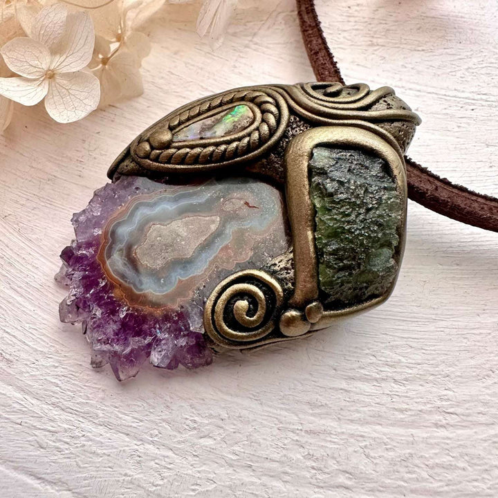Amethyst Stalactite Moldavite and Boulder Opal Pendant, Handmade Crystal Necklace - FairyGardenGlow