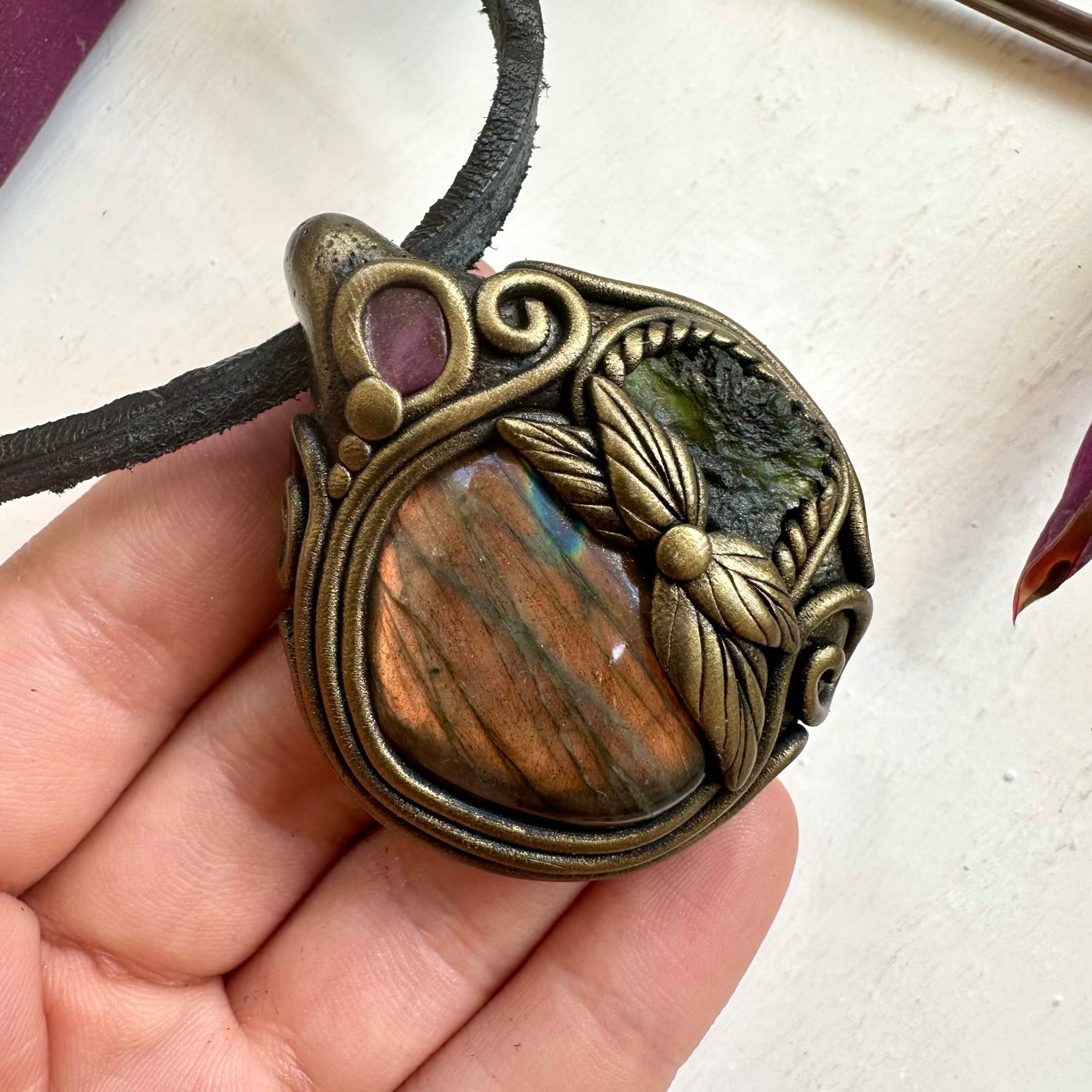 Labradorite Moldavite and Ruby Necklace - FairyGardenGlow