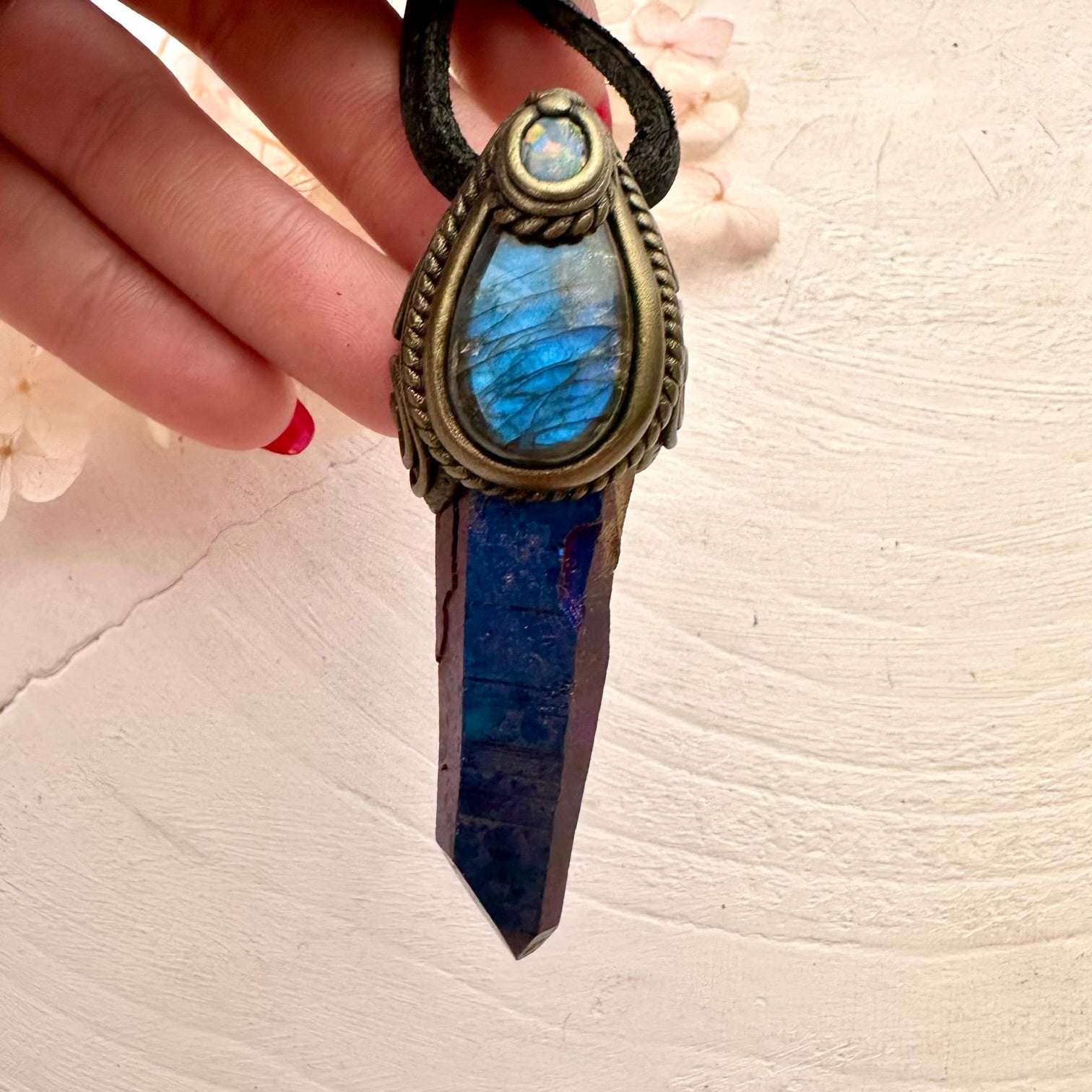 Cobalt Aura Quartz Labradorite and Black Australian Opal Pendant Necklace - FairyGardenGlow