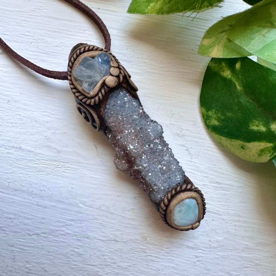 Aqua Aura Spirit Quartz Blue Calcite and Larimar Pendant Necklace