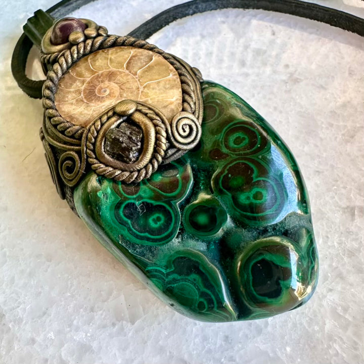 Malachite Ammonite Moldavite Black Tourmaline Ruby and Opal Wand / Healing Crystal Talisman - FairyGardenGlow