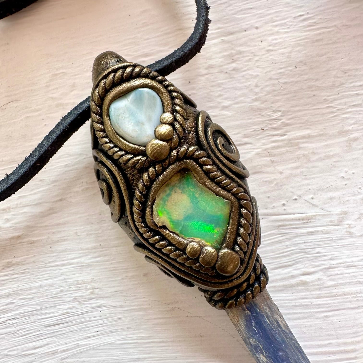 Blue Kyanite Larimar and Raw Opal Wand/ Pendant - FairyGardenGlow