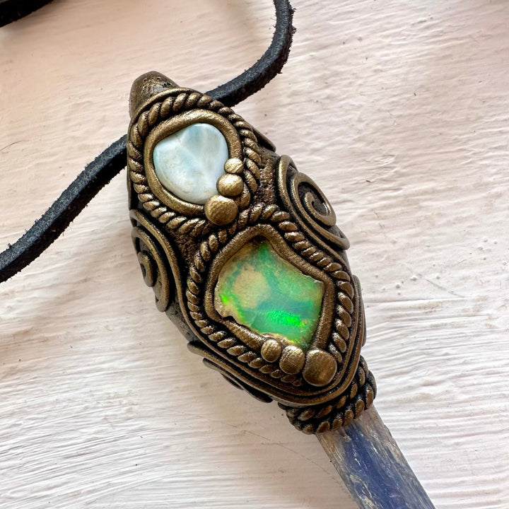 Blue Kyanite Larimar and Raw Opal Wand/ Pendant - FairyGardenGlow