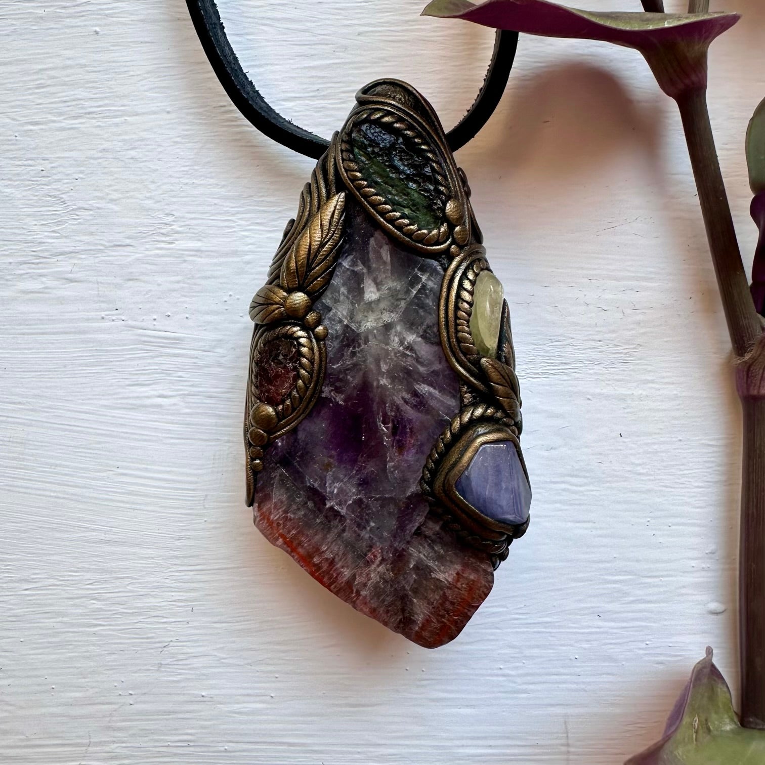 Super Seven Quartz Moldavite Tanzanite Red Garnet and Brazilianite Wand / Pendant - FairyGardenGlow