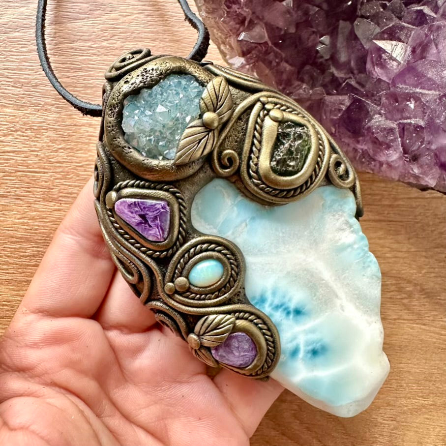 Large Larimar, Aqua Aura Quartz Cluster, Charoite, Australian Opal and Moldavite Healing Crystal Talisman – Spiritual Jewelry for Meditation & Energy Work - FairyGardenGlow