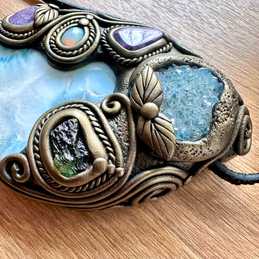 Large Larimar, Aqua Aura Quartz Cluster, Charoite, Australian Opal and Moldavite Healing Crystal Talisman – Spiritual Jewelry for Meditation & Energy Work - FairyGardenGlow