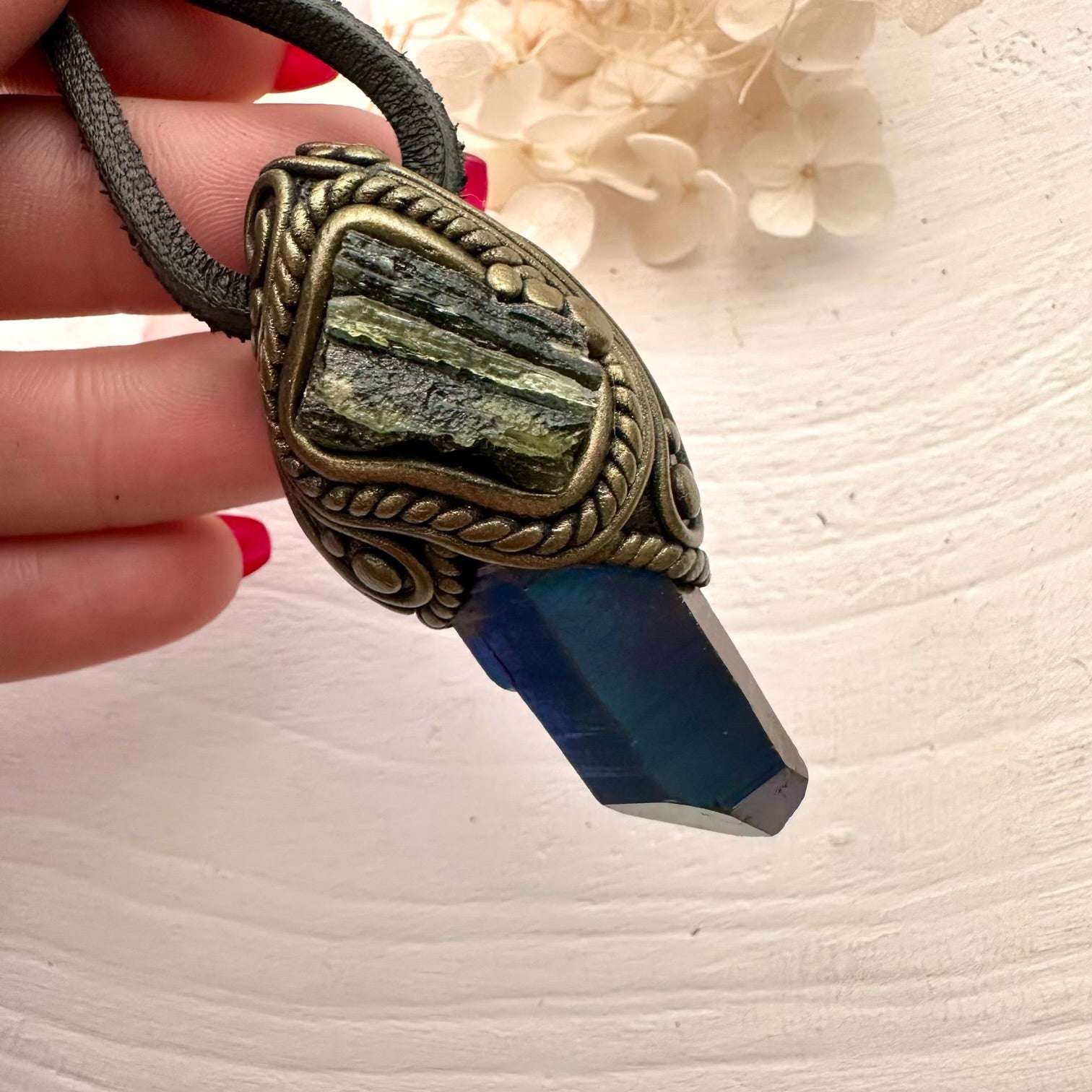 Cobalt Aura Quartz and Moldavite Pendant Necklace - FairyGardenGlow