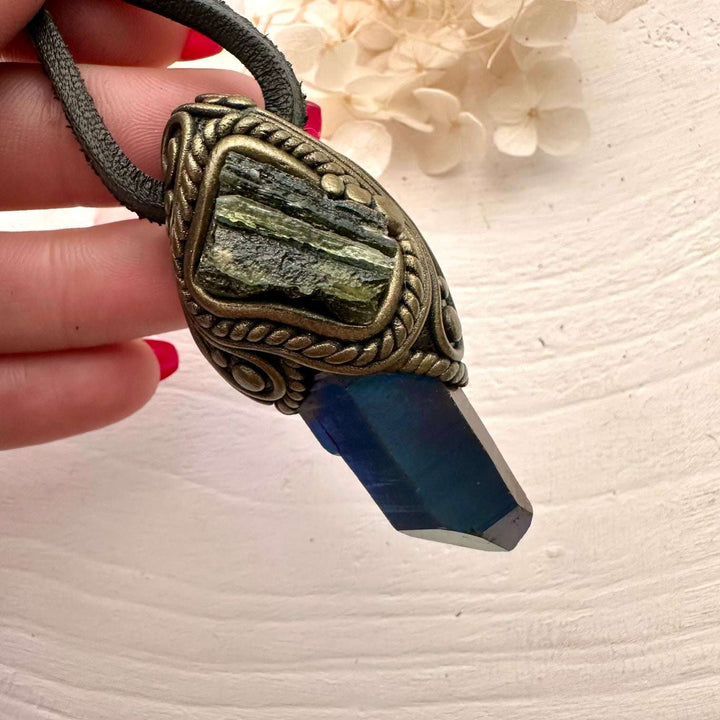 Cobalt Aura Quartz and Moldavite Pendant Necklace - FairyGardenGlow