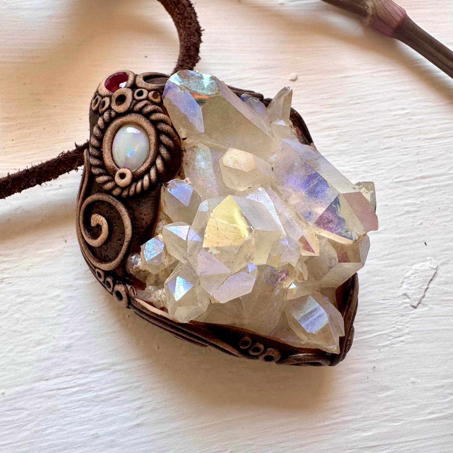 Angel Aura Quartz Cluster Australian Opal and Ruby Pendant Necklace - FairyGardenGlow