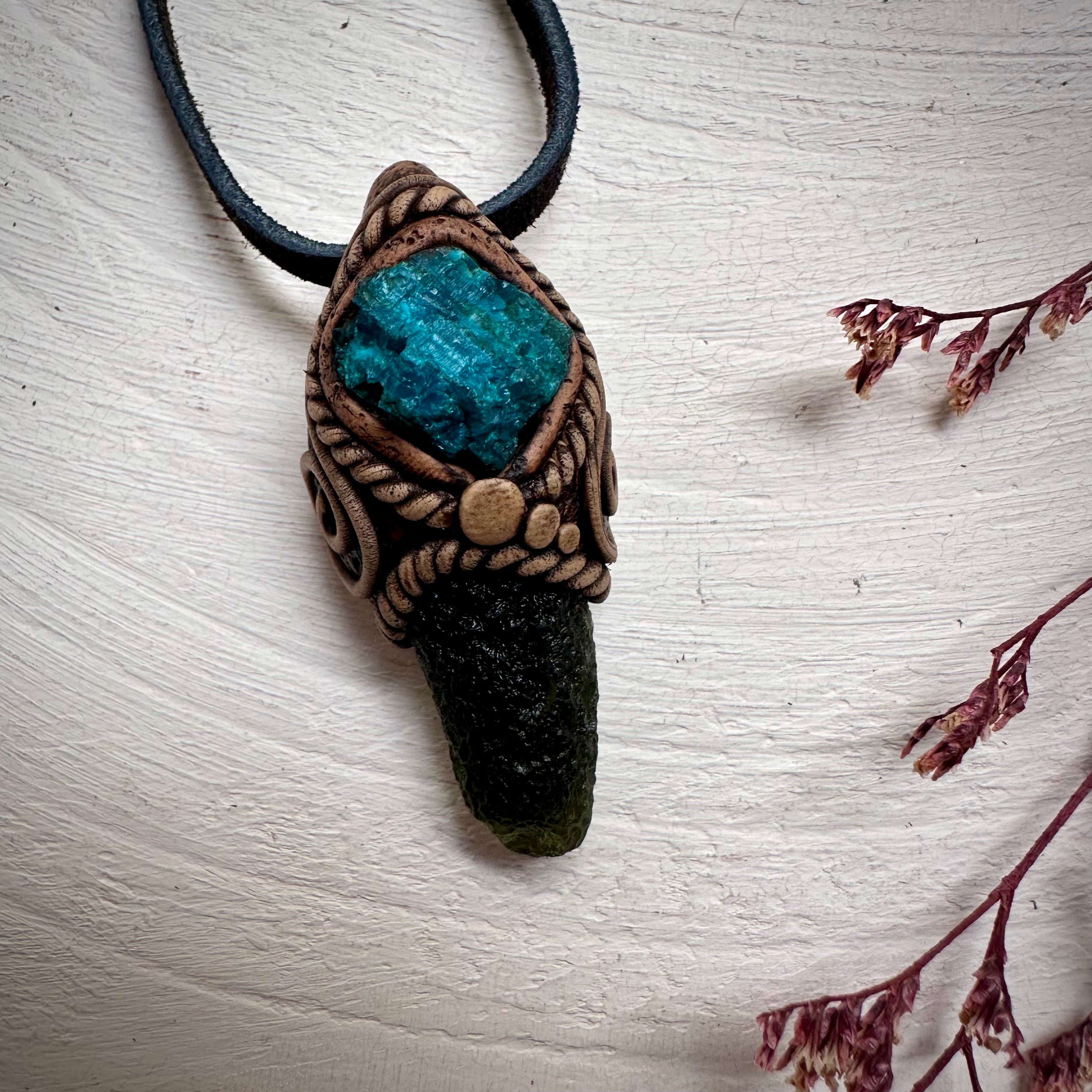 Moldavite and Raw Chrysocolla Necklace - FairyGardenGlow