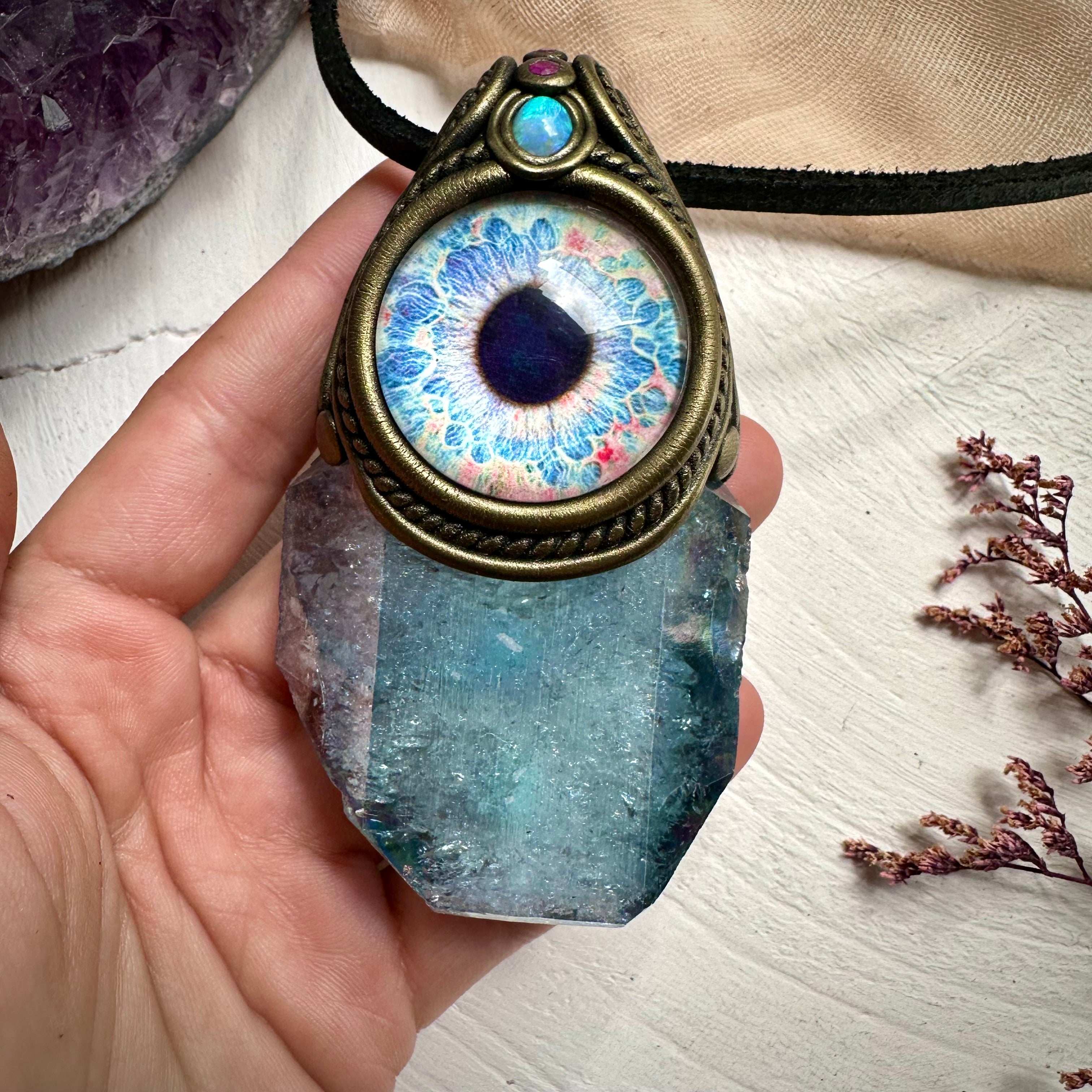 Aqua Aura Faden Quartz Australian Opal and Ruby Eye Wand / Pendant - FairyGardenGlow