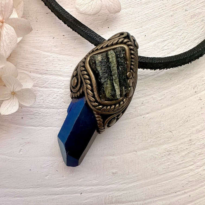 Cobalt Aura Quartz and Moldavite Pendant Necklace - FairyGardenGlow