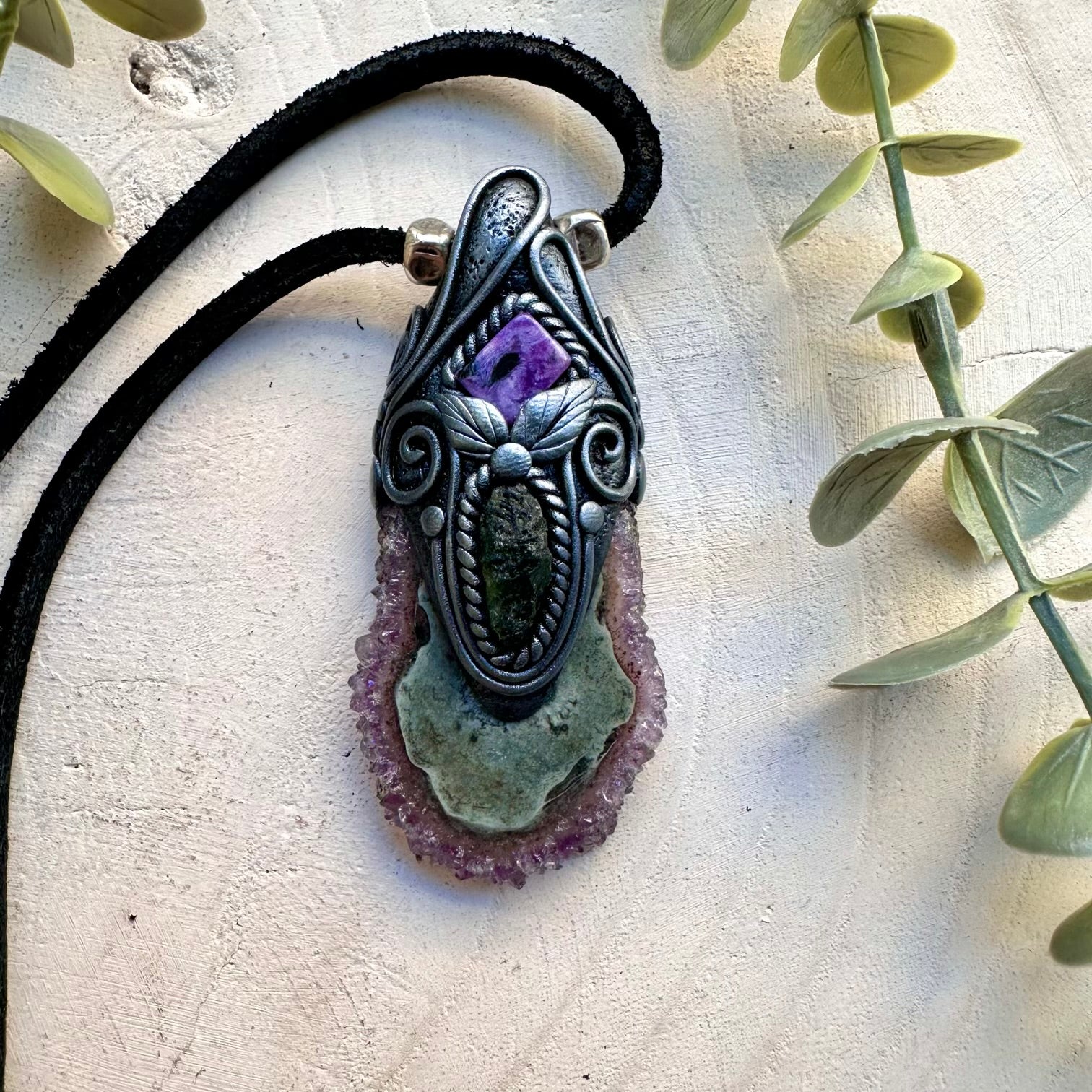Amethyst Stalactite with Charoite and Moldavite Necklace, Handmade Healing Crystal Pendant