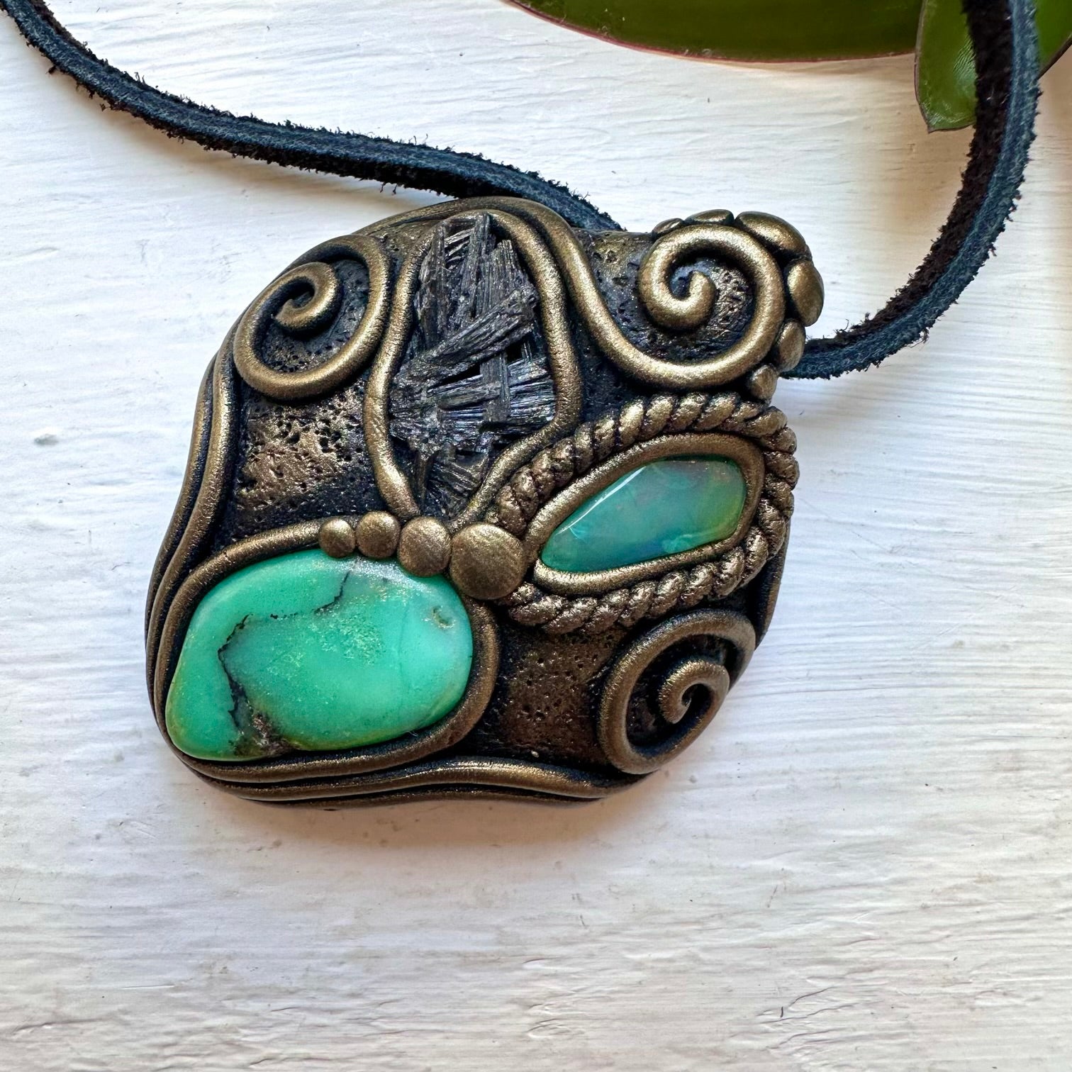 Chrysoprase Black Kyanite and Green Opal Pendant Necklace, Handmade Crystal Necklace - FairyGardenGlow