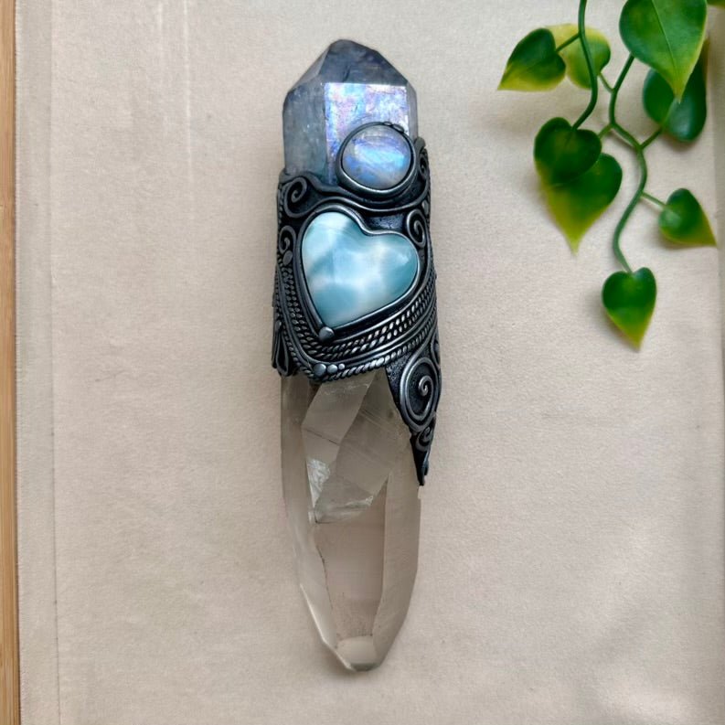 Large Healing Crystal Wand with Lemurian Seed Quartz, Aqua Aura Quartz, Larimar Heart and Rainbow Moonstone FairyGardenGlow