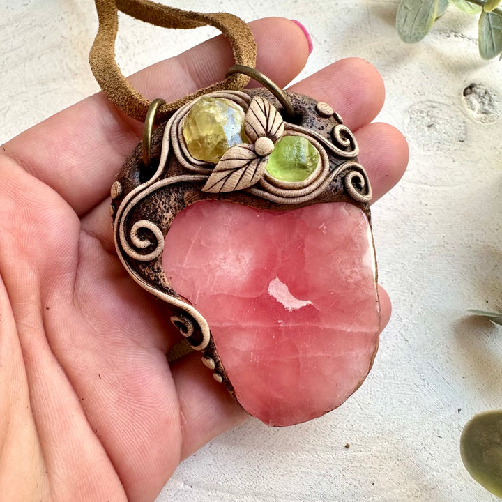 Unique Gemstone Pendant Necklace – Rhodochrosite, Peridot & Brazilianite Healing Crystal Jewelry