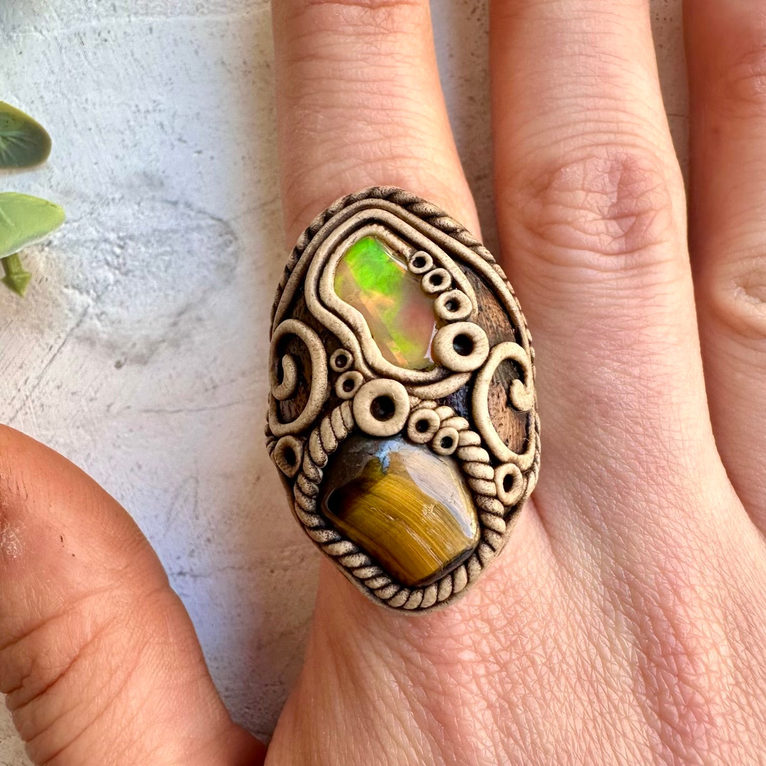 Tigers Eye and Ethiopian Opal Adjustable Ring