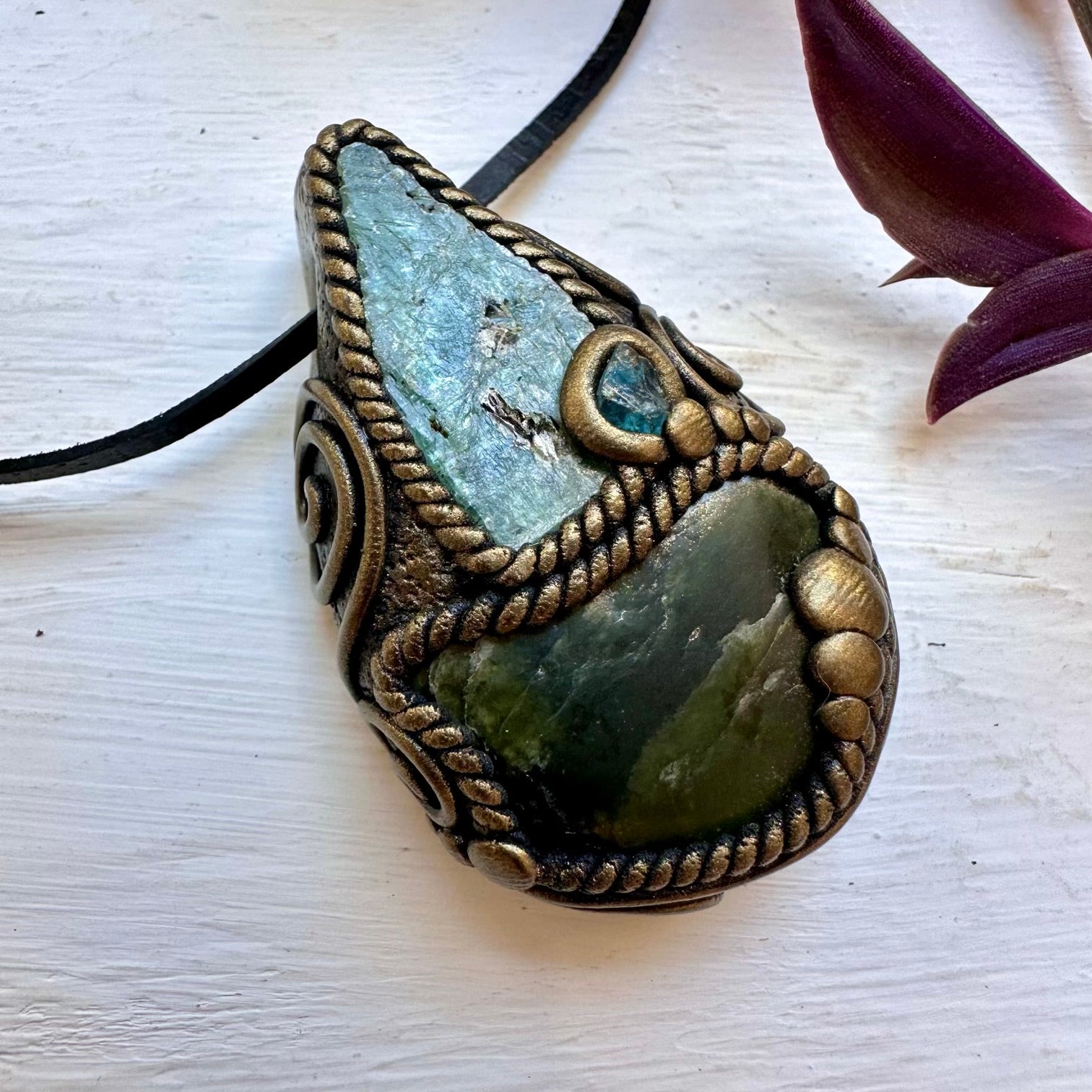 Nephrite Green Kyanite and Raw Blue Apatite Pendant Necklace - FairyGardenGlow