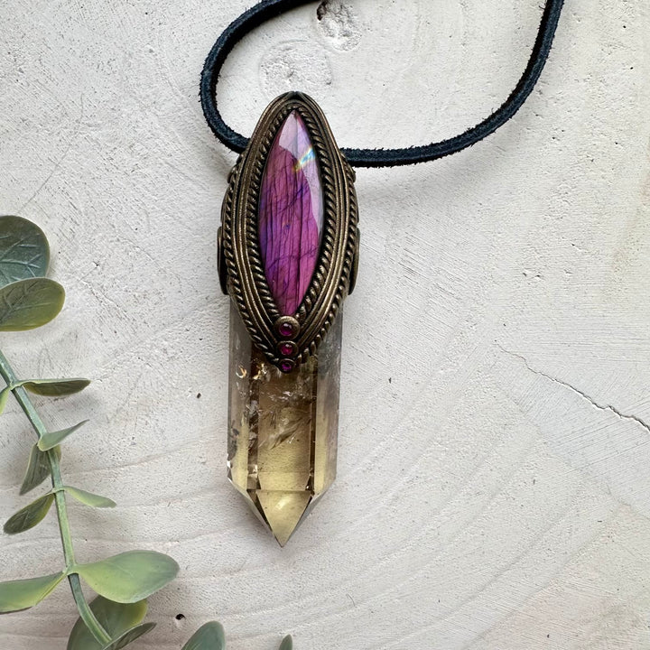Purple labradorite and ruby spiritual jewelry necklace