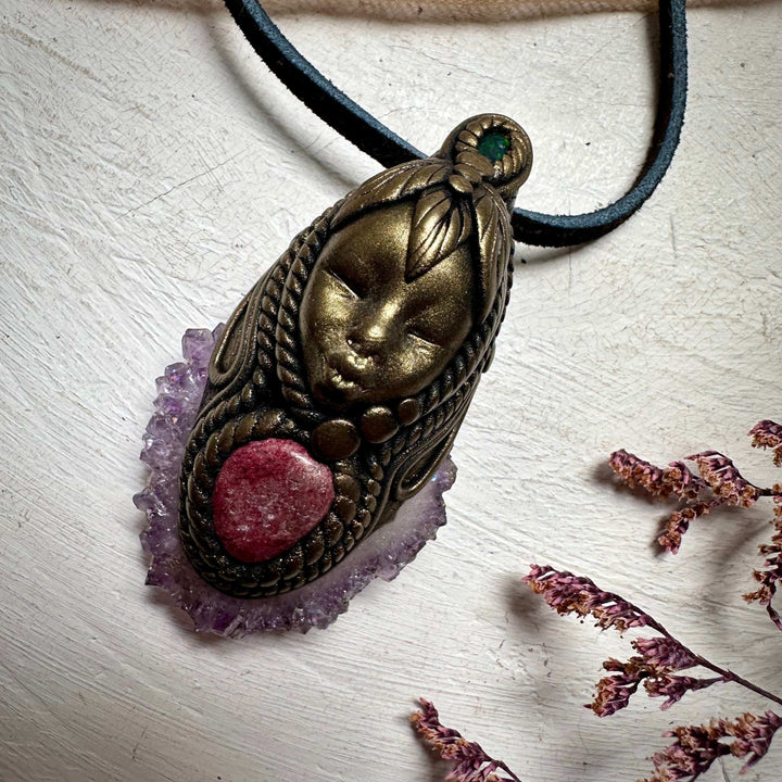 Amethyst Stalactite Thulite and Black Opal Goddess Necklace - FairyGardenGlow