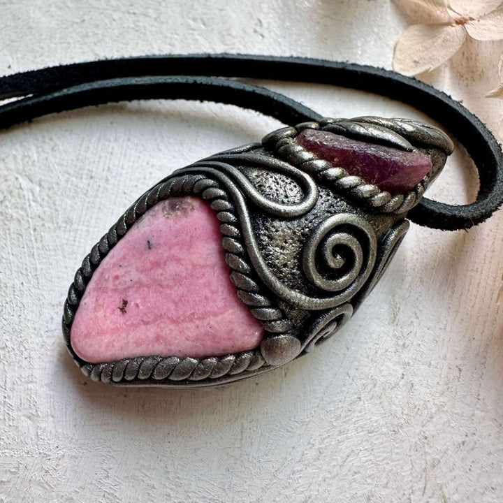 Peruvian Rhodonite and Raw Ruby Pendant Necklace - FairyGardenGlow
