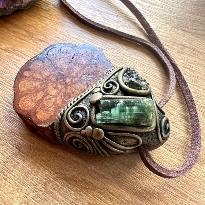 Ayahuasca Necklace, Green Tourmaline and Moldavite Pendant Necklace - FairyGardenGlow