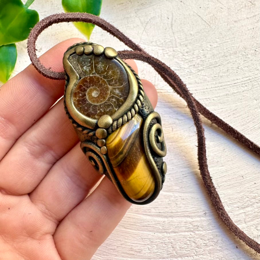 Ammonite and Tigers Eye Necklace, Handmade Crystal Pendant