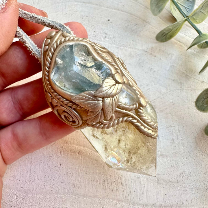Artisan crystal wand with citrine raw celestite and clear topaz pendant