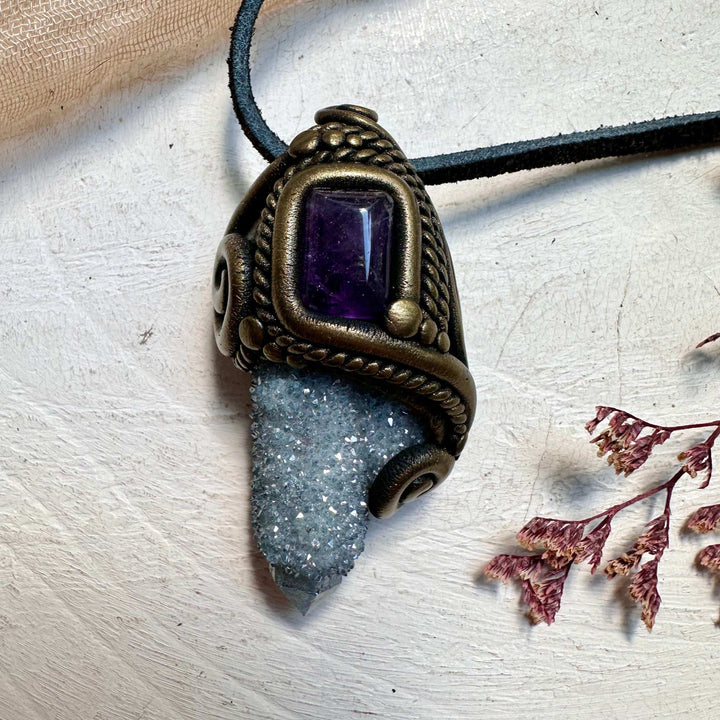 Aqua Aura Spirit Quartz and Amethyst Pendant Necklace - FairyGardenGlow