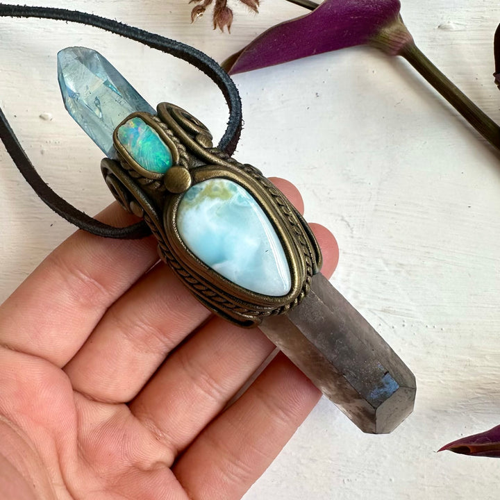 Smoky Quartz Aqua Aura Quartz Larimar and Raw Ethiopian Opal Wand / Necklace - FairyGardenGlow