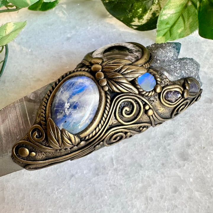 Aqua Aura Quartz Rainbow Moonstone Aqua Aura Spirit Quartz Australian Opal and Tanzanite Third Eye Healing Crystal Wand - FairyGardenGlow