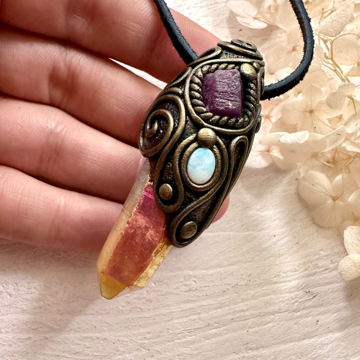 Sunset Aura Quartz Ruby and Australian Opal Necklace - FairyGardenGlow
