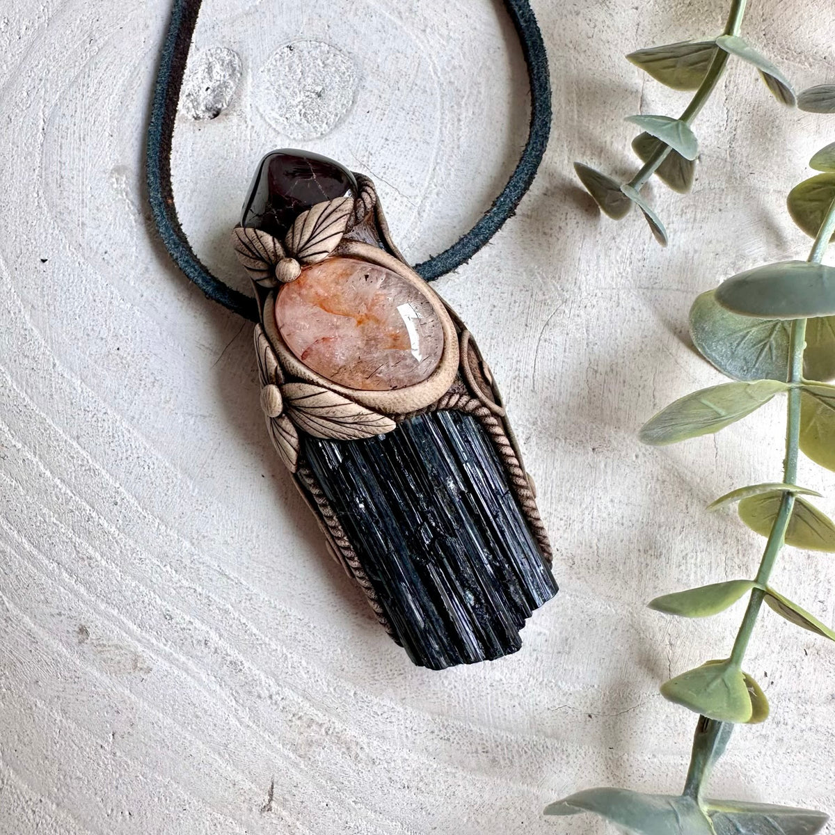 Black Tourmaline with Red Garnet and Hematite Quartz Pendant Necklace