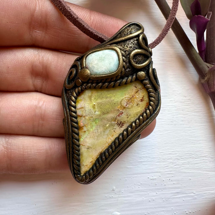 Boulder Opal and Larimar Necklace - FairyGardenGlow