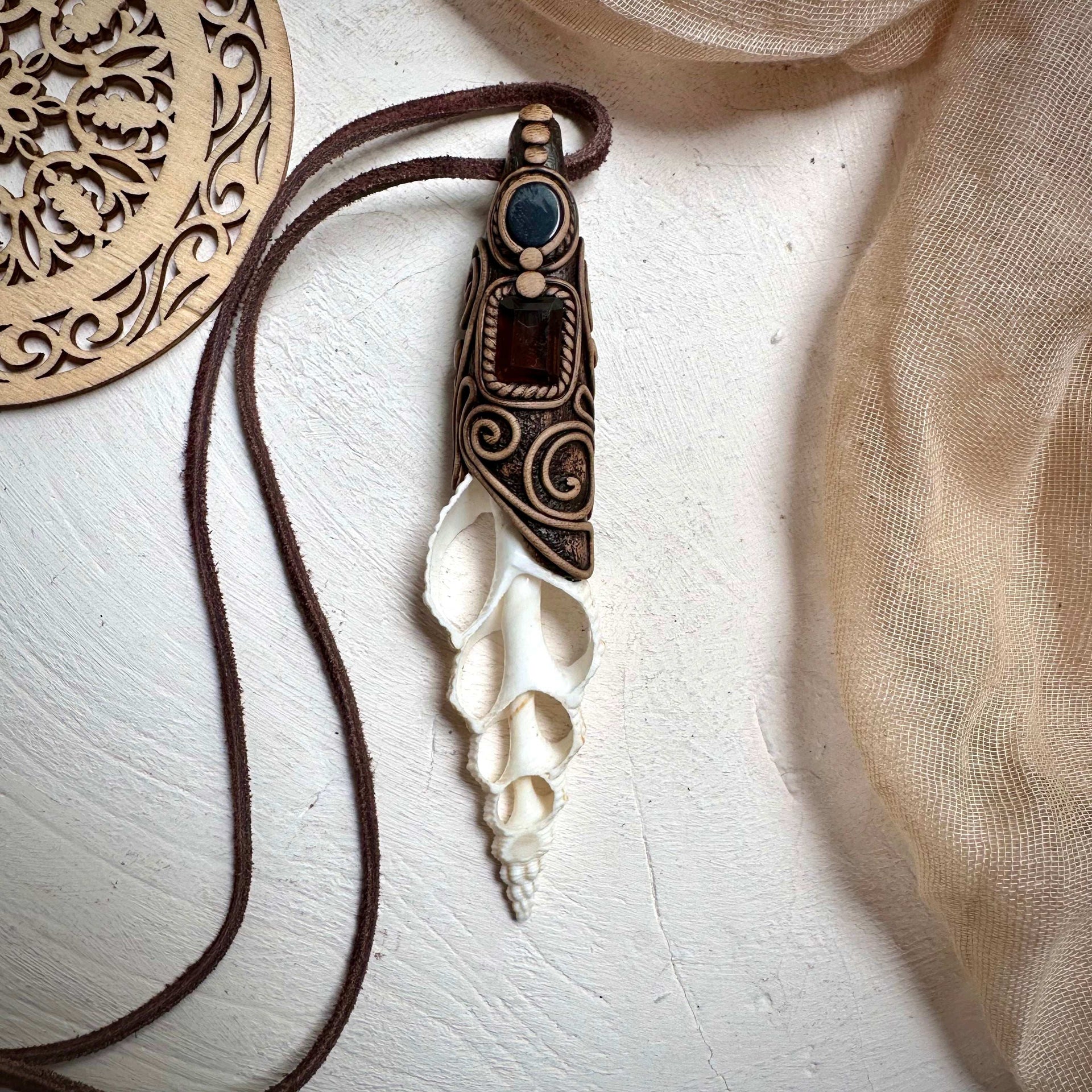 Smoky Citrine and Black Onyx Seashell Necklace - FairyGardenGlow
