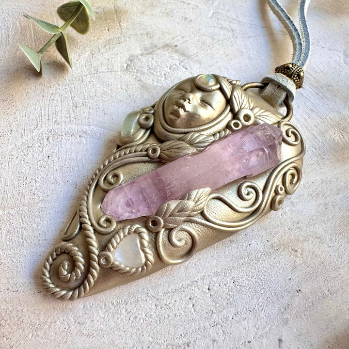 Artisan spiritual pendant showcasing Vera Cruz Amethyst with a Moonstone Heart and shimmering Clear Topaz.