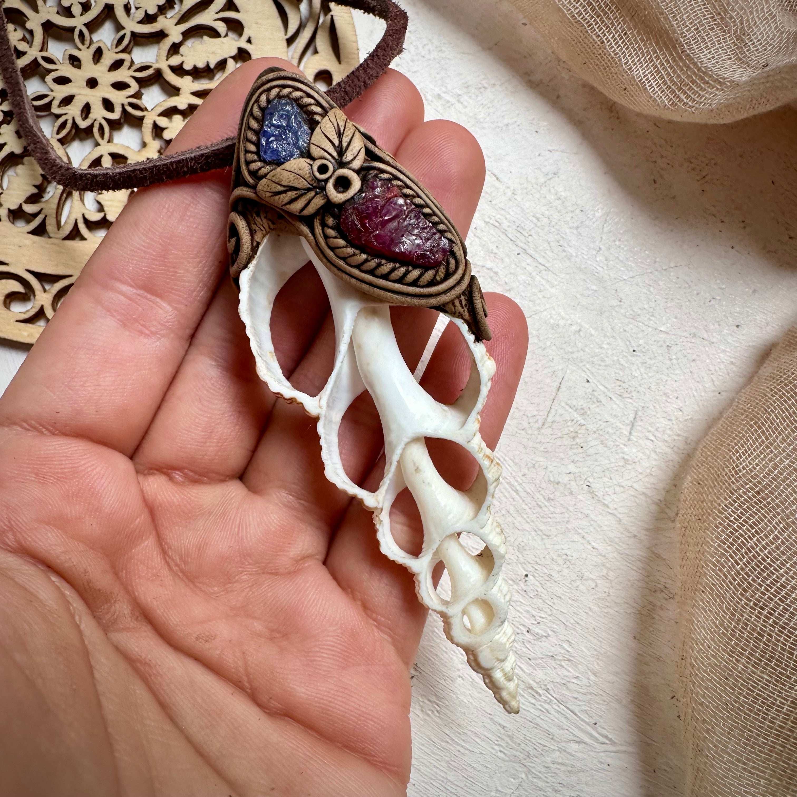 Seashell Rhodolite Garnet and Tanzanite Necklace - FairyGardenGlow