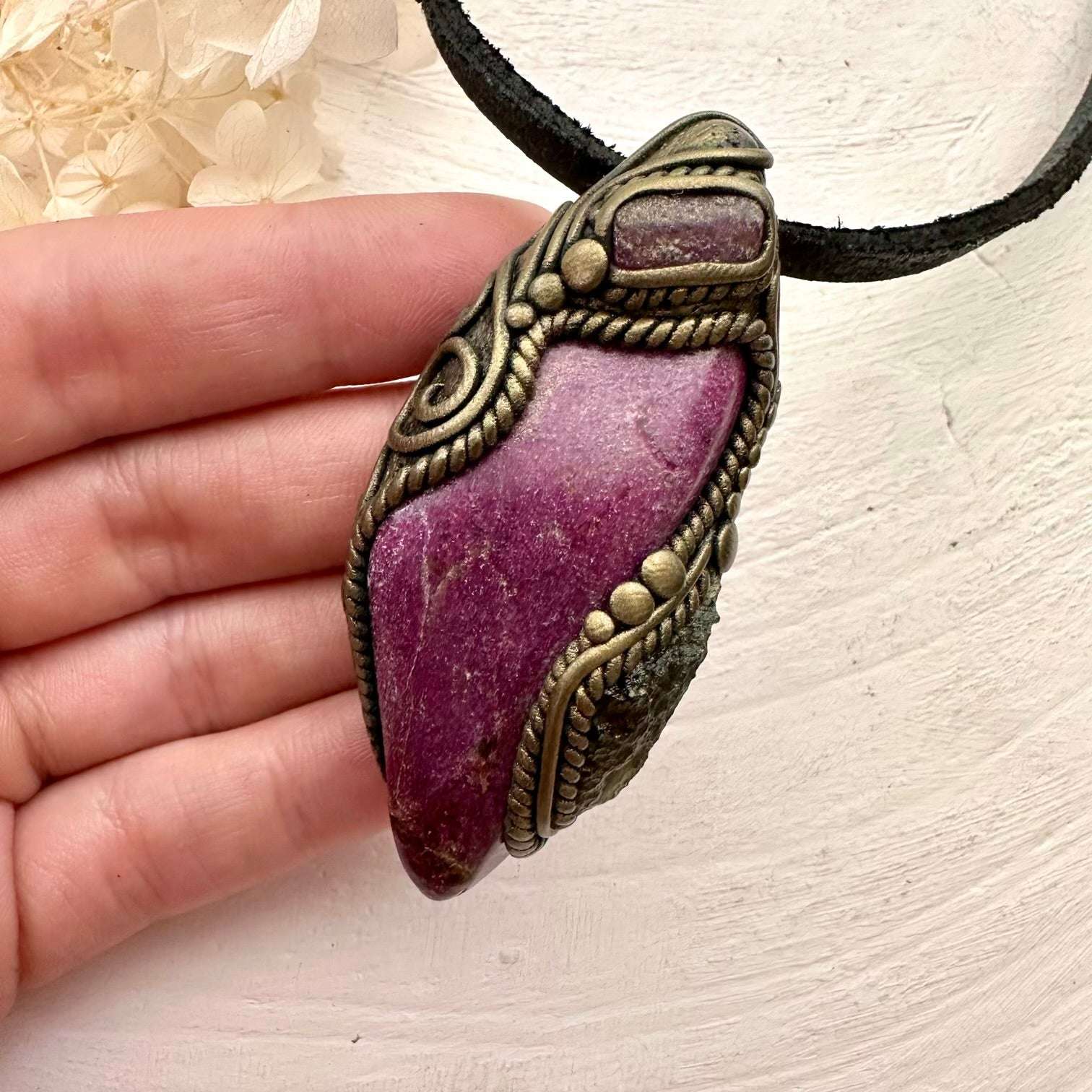 Stichtite Moldavite and Ruby Pendant, Handmade Crystal Jewelry - FairyGardenGlow