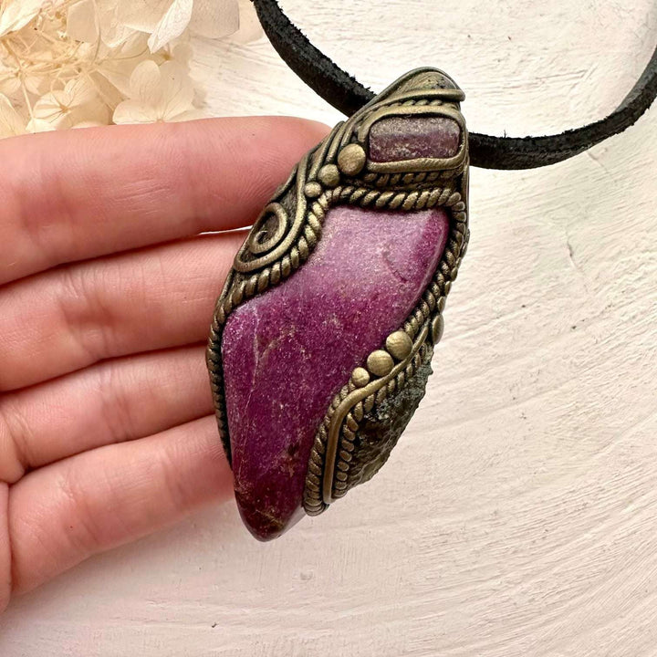 Stichtite Moldavite and Ruby Pendant, Handmade Crystal Jewelry - FairyGardenGlow