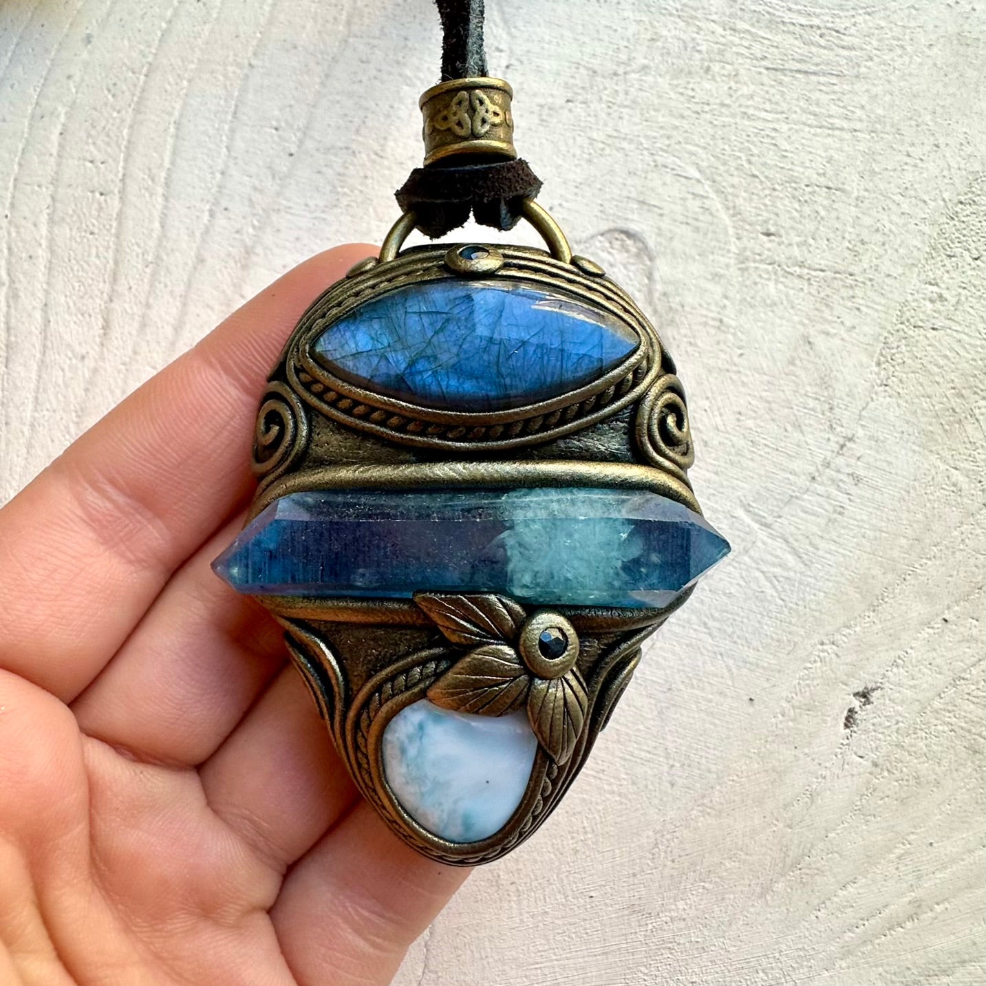 Double Terminated Aqua Aura Quartz, Labradorite, Larimar and Blue Sapphire Pendant Necklace