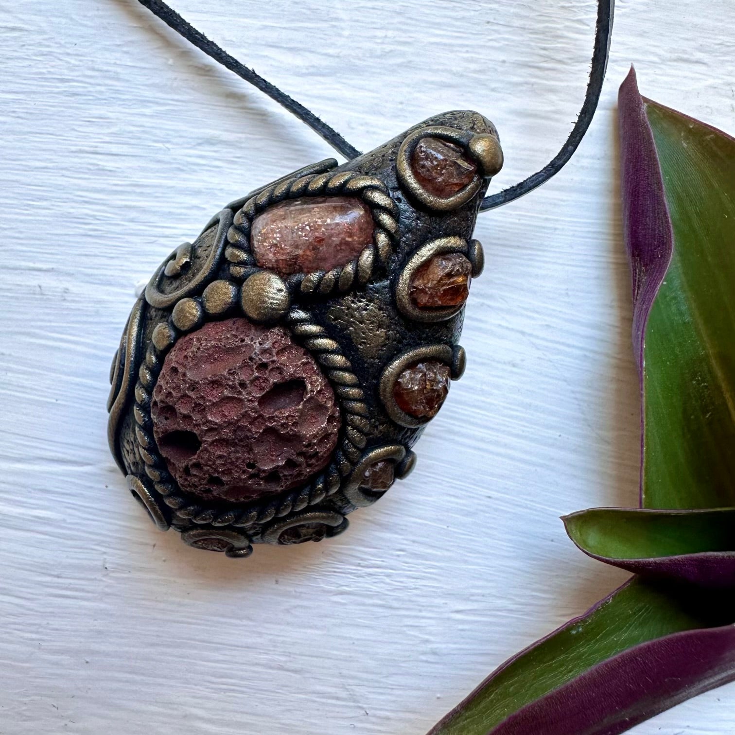 Lava Stone Sunstone and Hessonite Garnet Necklace - FairyGardenGlow