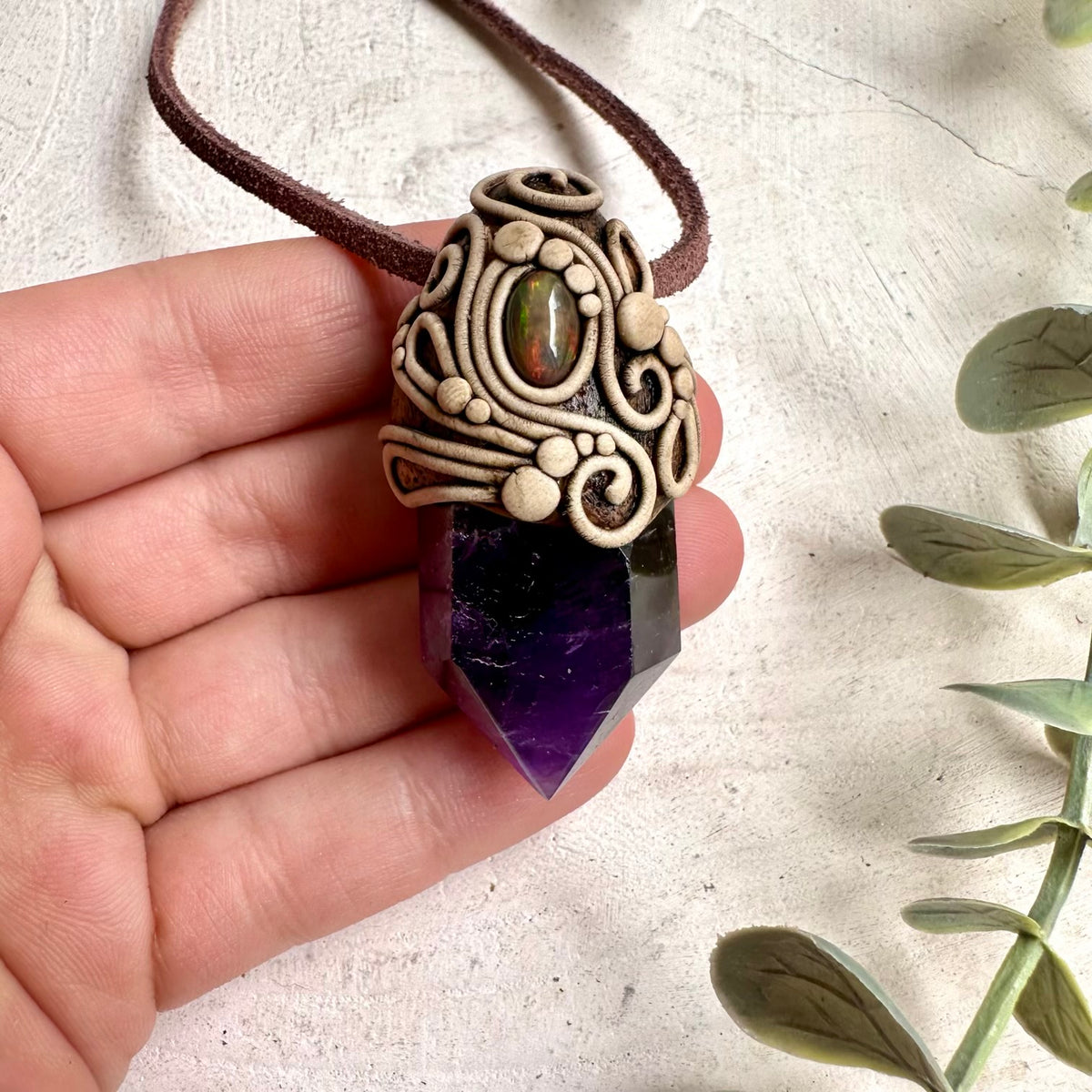 Polished Amethyst and Black Ethiopian Opal Pendant Necklace / Unisex Handmade Talisman