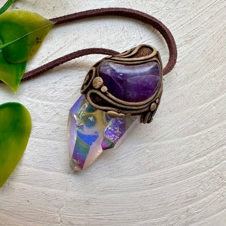 Angel Aura Quartz and Amethyst Moon Necklace, Handmade Crystal Jewelry FairyGardenGlow
