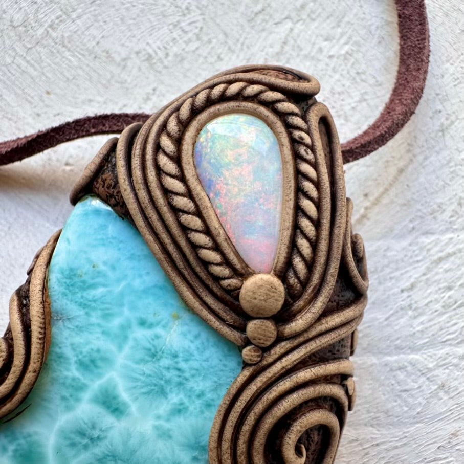 Large Larimar and Australian Opal Pendant Necklace, Healing Crystal Jewelry FairyGardenGlow