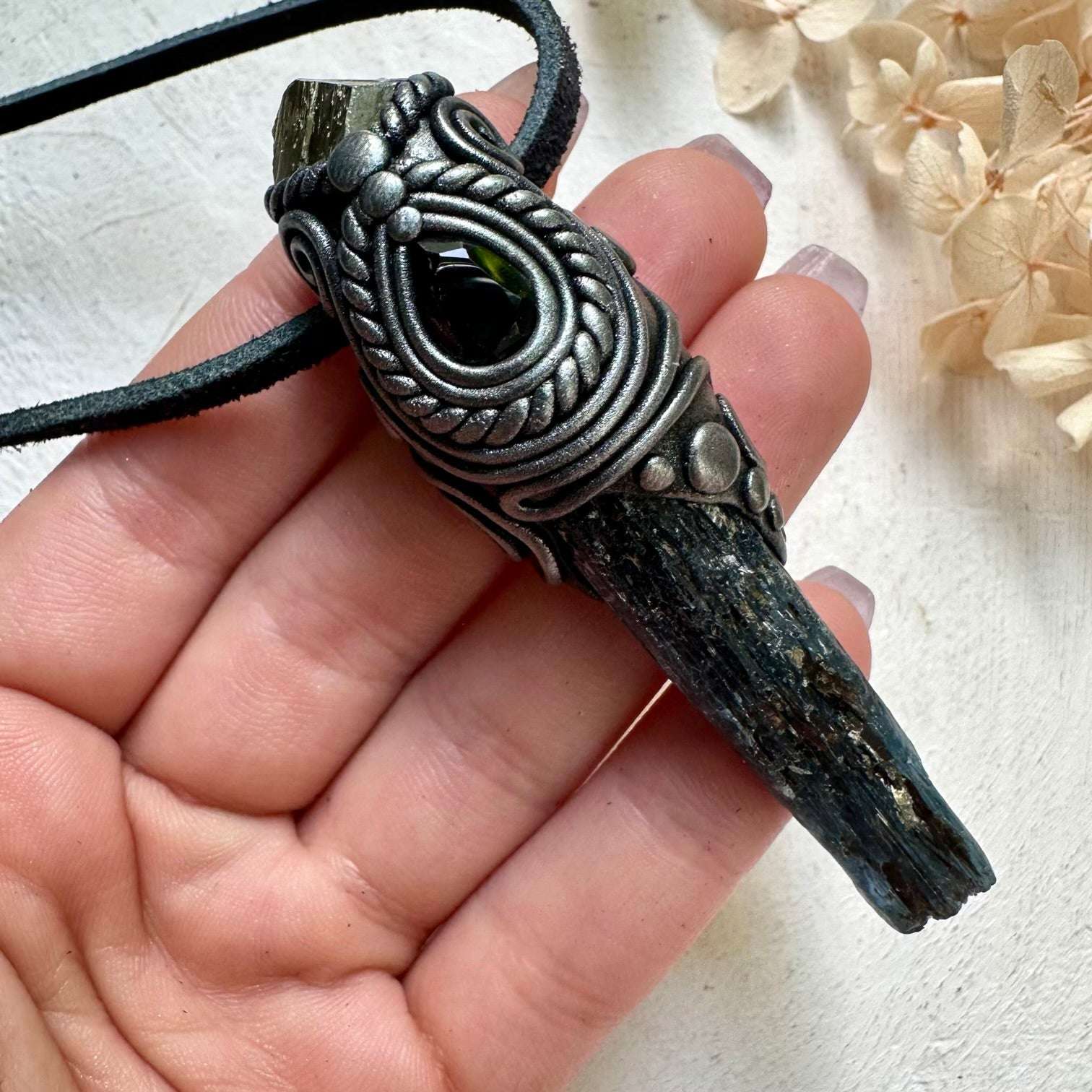 Blue Kyanite Pyrite and Smoky Quartz Small Wand / Pendant - FairyGardenGlow