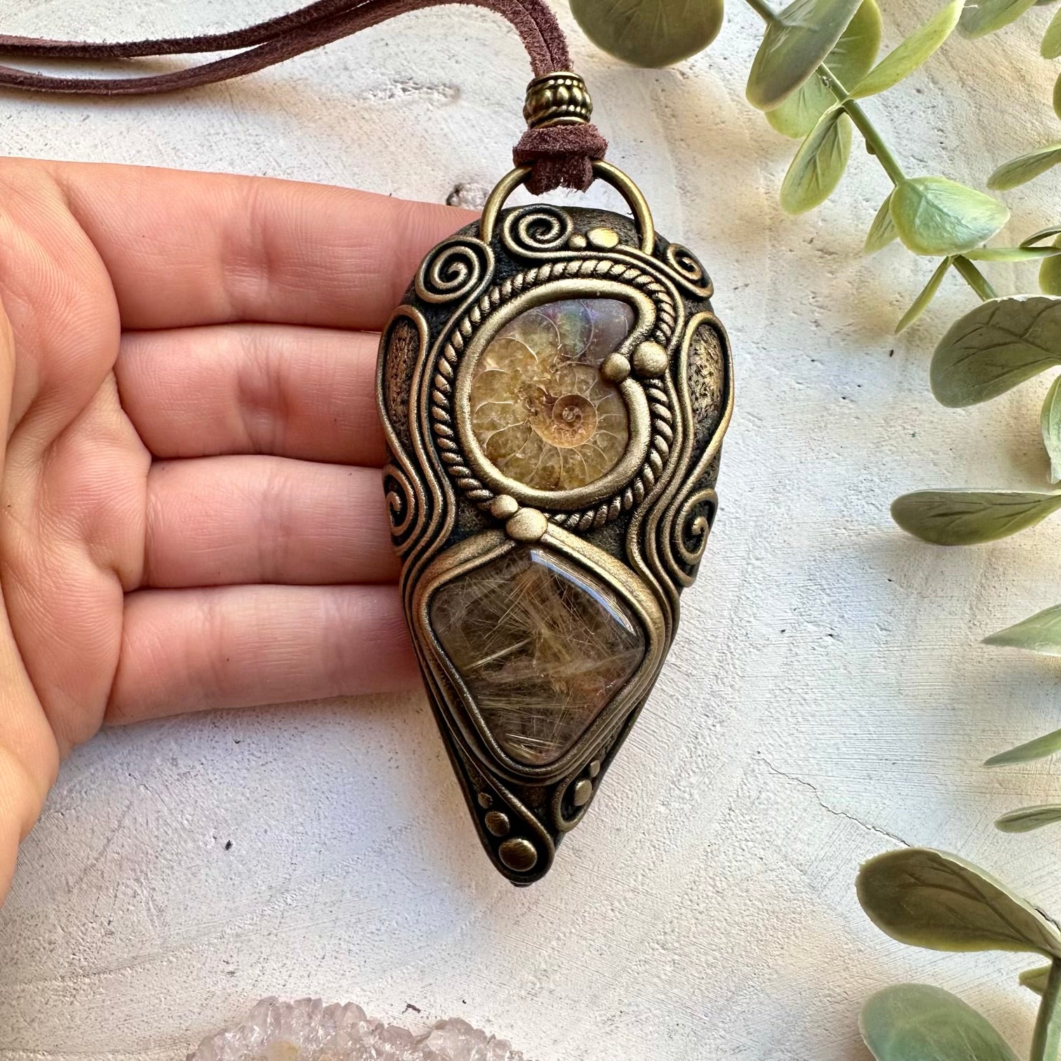 Ammonite and Rutilated Quartz Pendant Necklace